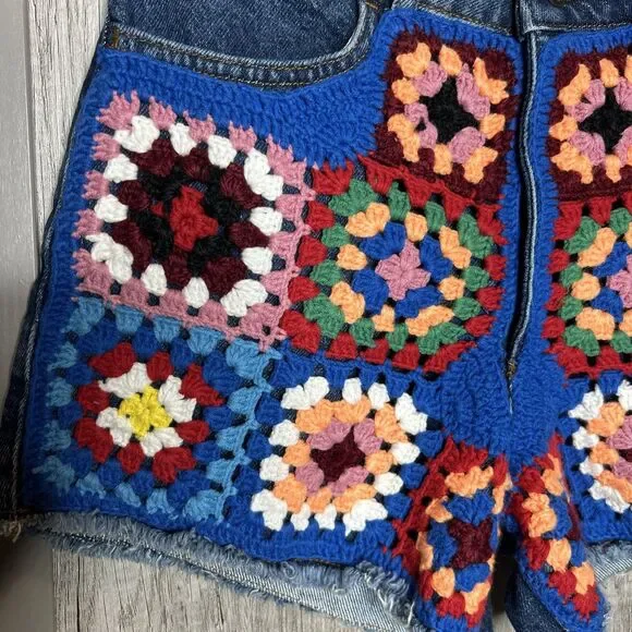 Farm Rio for Anthropologie Shorts 25 Crochet Granny Square Denim Boho - Picture 3 of 7